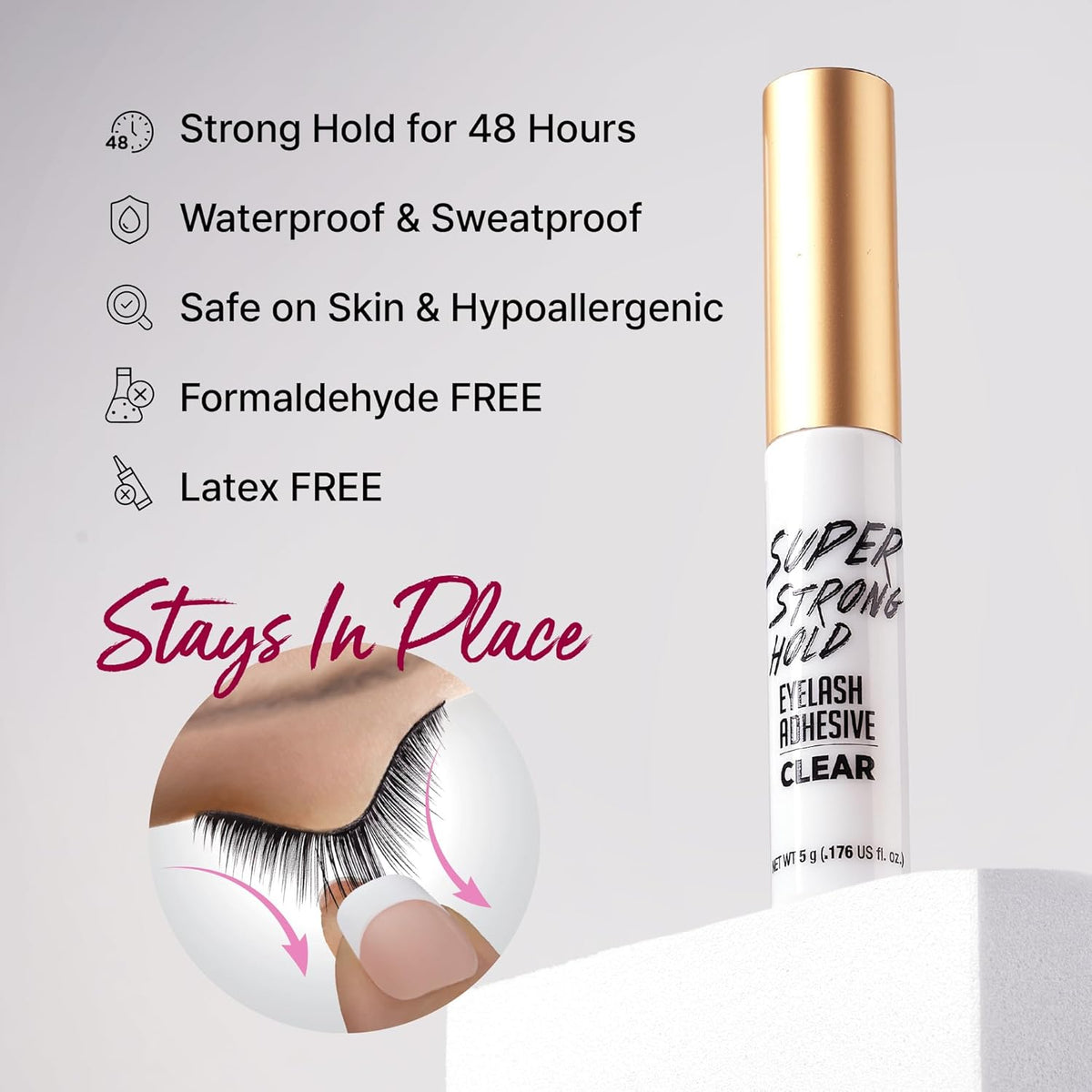 Super Strong Hold Eyelash Adhesive, Waterproof, 48-Hour Long-Lasting Lash Glue, Latex-Free, Hypoallergenic, Quick-Drying with Brush-On Applicator for Strip Lashes (Clear, 1 Pack)