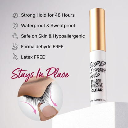 Super Strong Hold Eyelash Adhesive, Waterproof, 48-Hour Long-Lasting Lash Glue, Latex-Free, Hypoallergenic, Quick-Drying with Brush-On Applicator for Strip Lashes (Clear, 1 Pack)