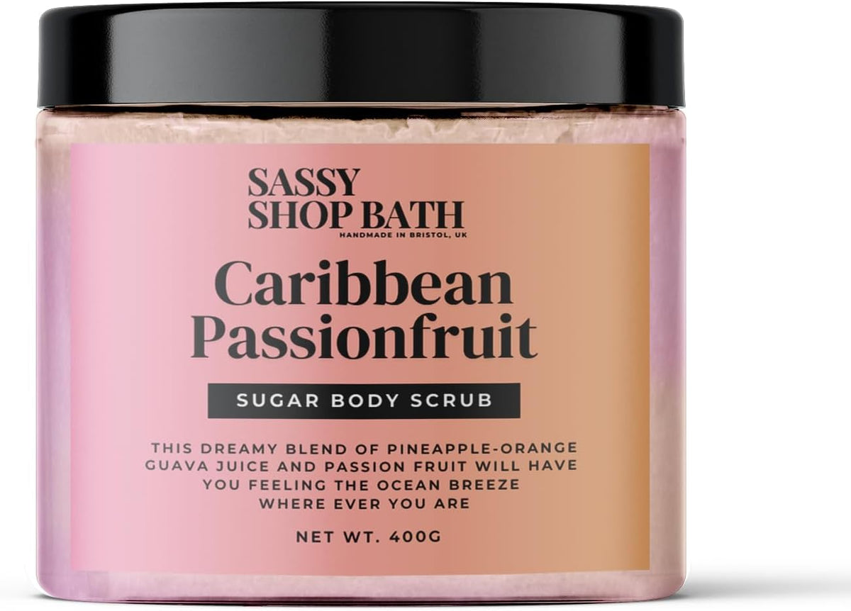 Caribbean Passionfruit Sugar Body Scrub | Exfoliating + Deeply Hydrating | Smooth Soft Skin | Natural Sugar Granules | Vegan-Friendly | Cruelty-Free | Recyclable Packaging | Handmade in T
