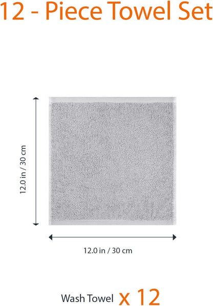 Face Towel Set for Bathroom, 100% Cotton Extra Absorbent Fast Drying Face Cloths 30 X 30 Cm, Grey, 12-Pack