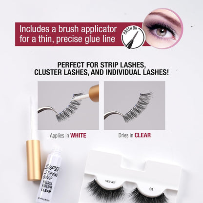 Super Strong Hold Eyelash Adhesive, Waterproof, 48-Hour Long-Lasting Lash Glue, Latex-Free, Hypoallergenic, Quick-Drying with Brush-On Applicator for Strip Lashes (Clear, 1 Pack)